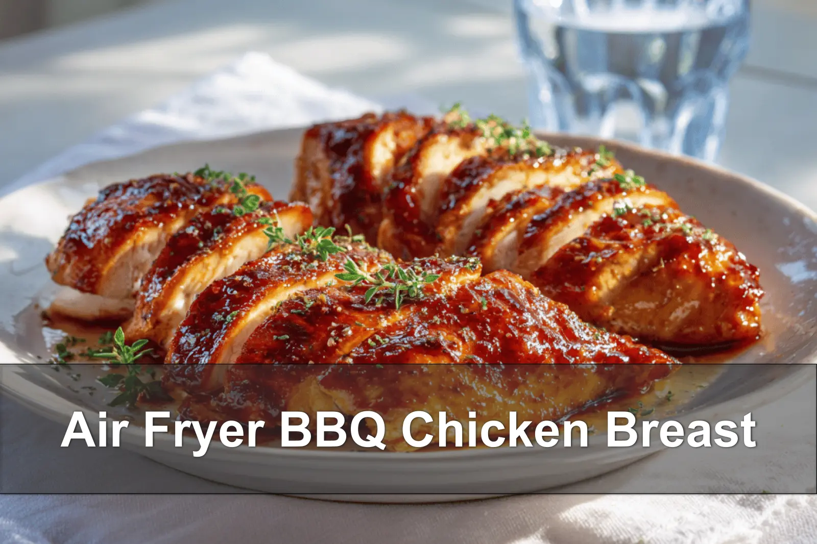 Air Fryer BBQ Chicken Breast: Juicy and Flavorful! 4 Air Fryer BBQ Chicken Breast beautifully plated on white napkin with clear water and warm light