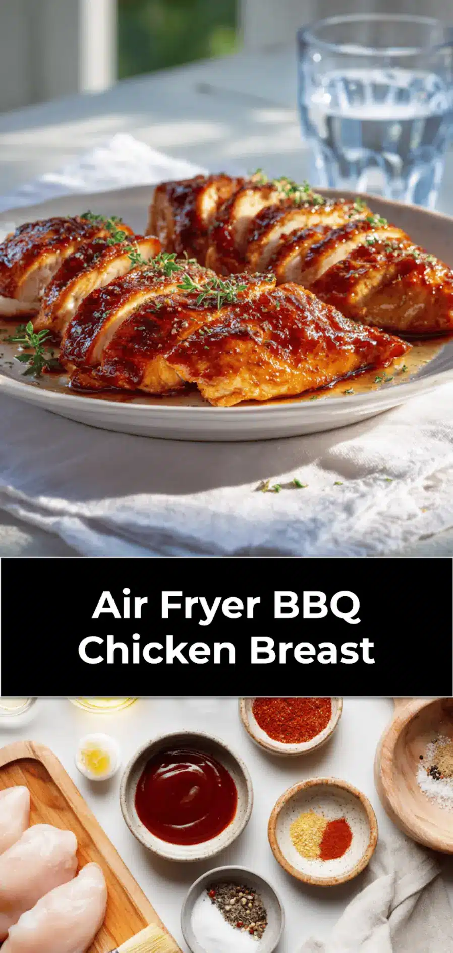 Air Fryer BBQ Chicken Breast: Juicy and Flavorful! 3 Air Fryer BBQ Chicken Breast beautifully plated on white napkin with clear water and warm light_pin