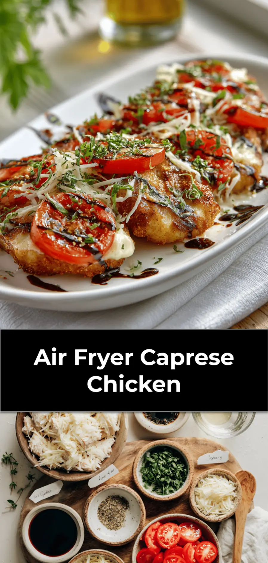 Air Fryer Caprese Chicken: A Delicious Twist 3 Air Fryer Caprese Chicken on white napkin with melted cheese and basil drizzle_pin