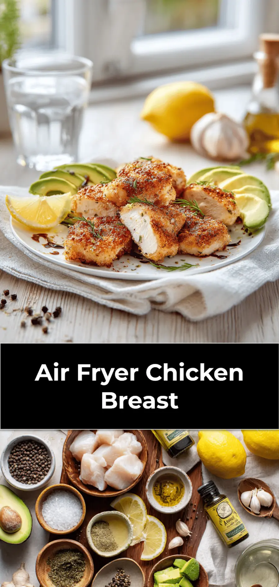 Air Fryer Chicken Breast sliced on plate with avocado lemon wedges and balsamic drizzle_pin