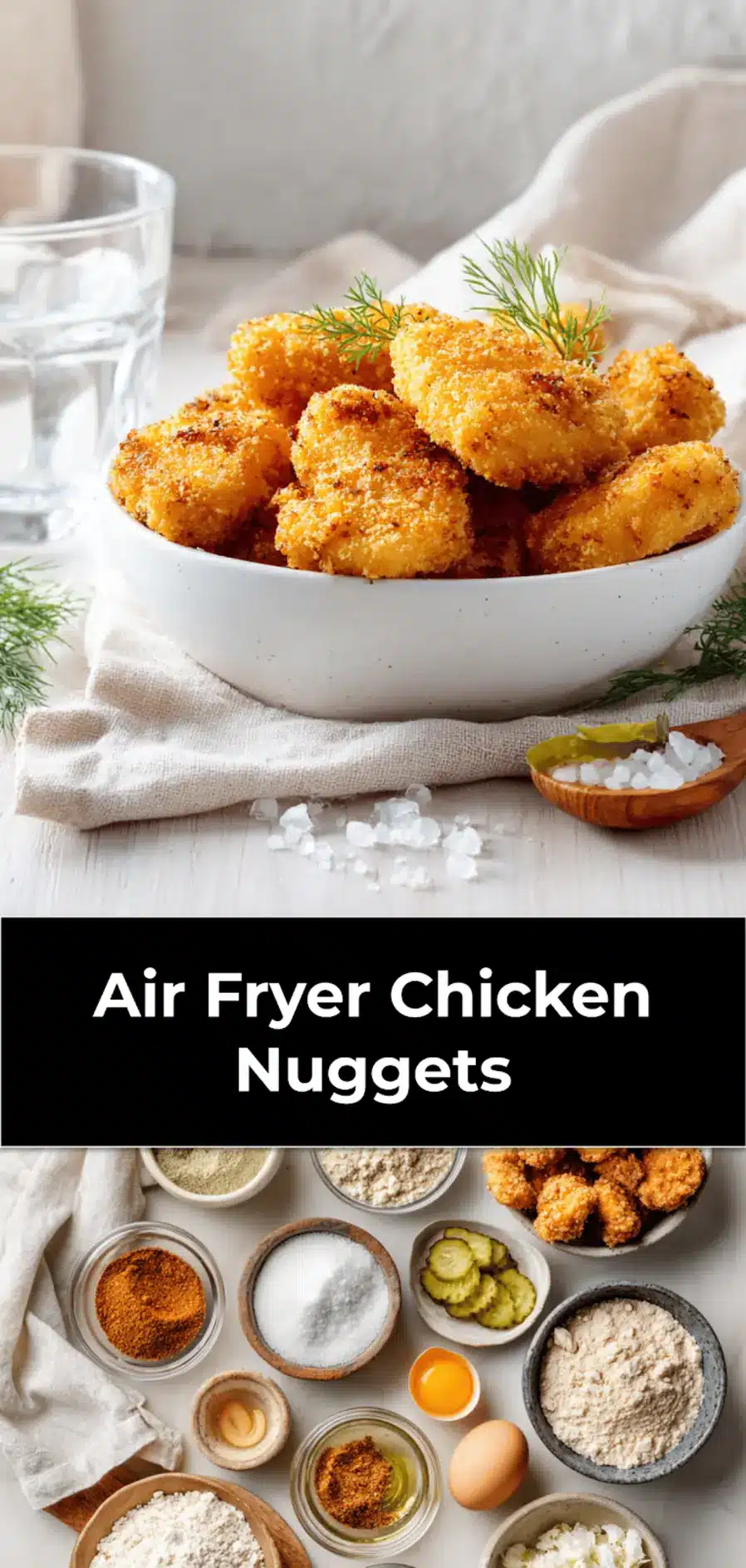 Air Fryer Chicken Nuggets: Crispy, Quick & Easy Recipe 3 Air Fryer Chicken Nuggets crispy golden bites on white cloth with clear water glass_pin