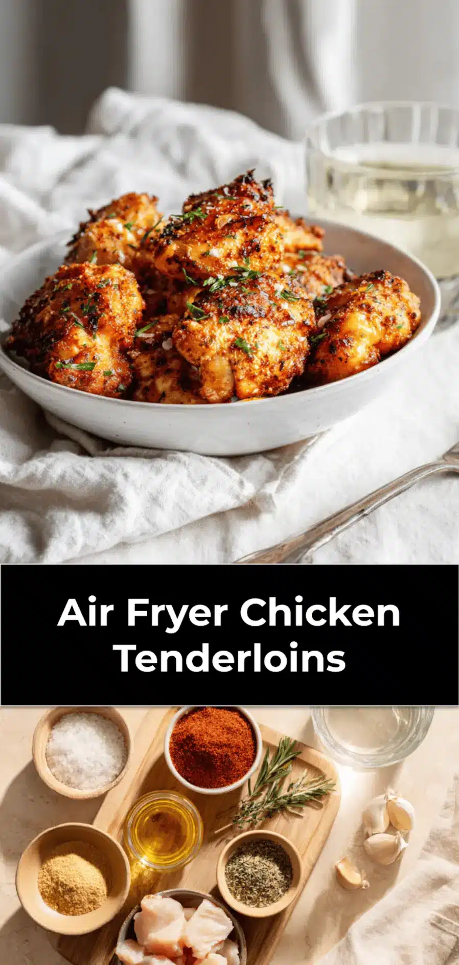 Air Fryer Chicken Tenderloins: Crisp and Juicy Recipe 3 Air Fryer Chicken Tenderloins crisp golden crust on white cloth with glass of water_pin