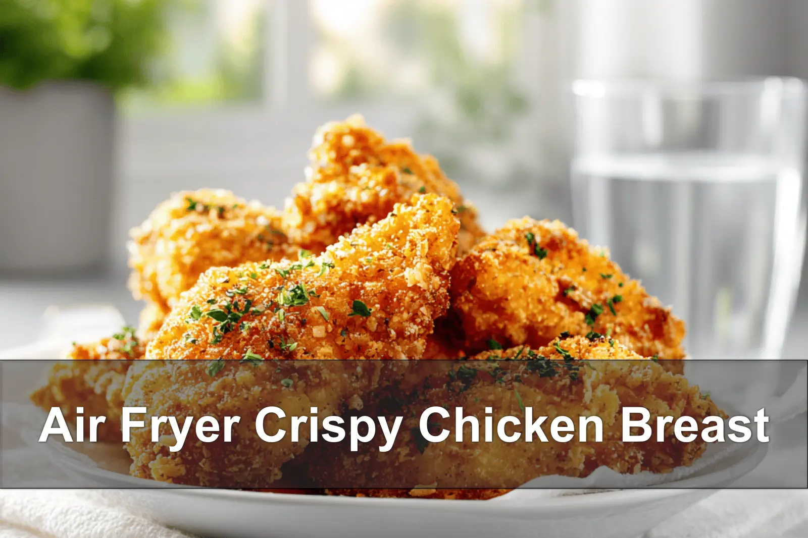 Air Fryer Crispy Chicken Breast on white cloth napkin with clear water glass