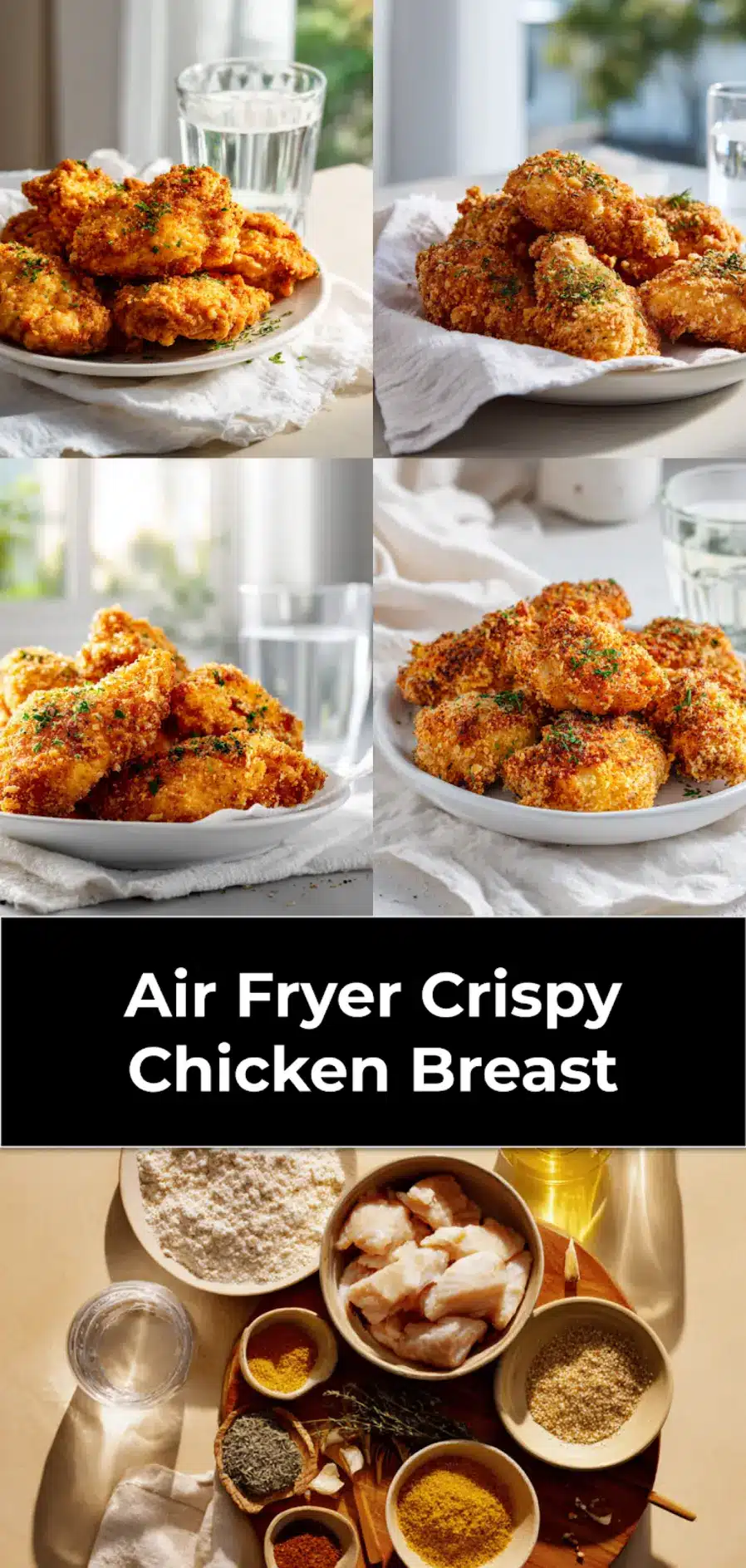 Air Fryer Crispy Chicken Breast on white cloth napkin with clear water glass_pin