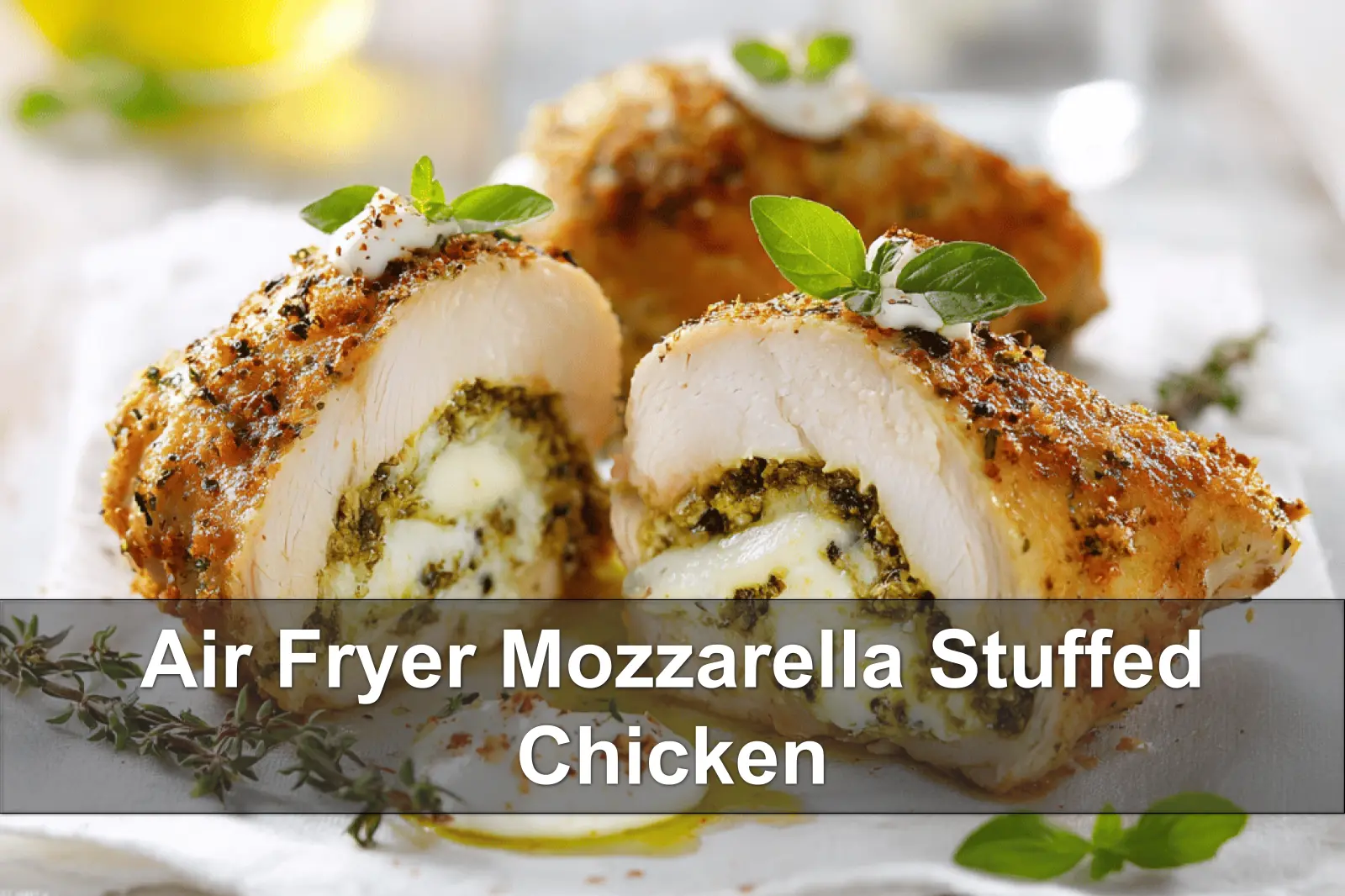 Air Fryer Mozzarella Stuffed Chicken: Easy and Delicious Recipe 3 Air Fryer Mozzarella Stuffed Chicken plated on white cloth with pesto and basil sprigs