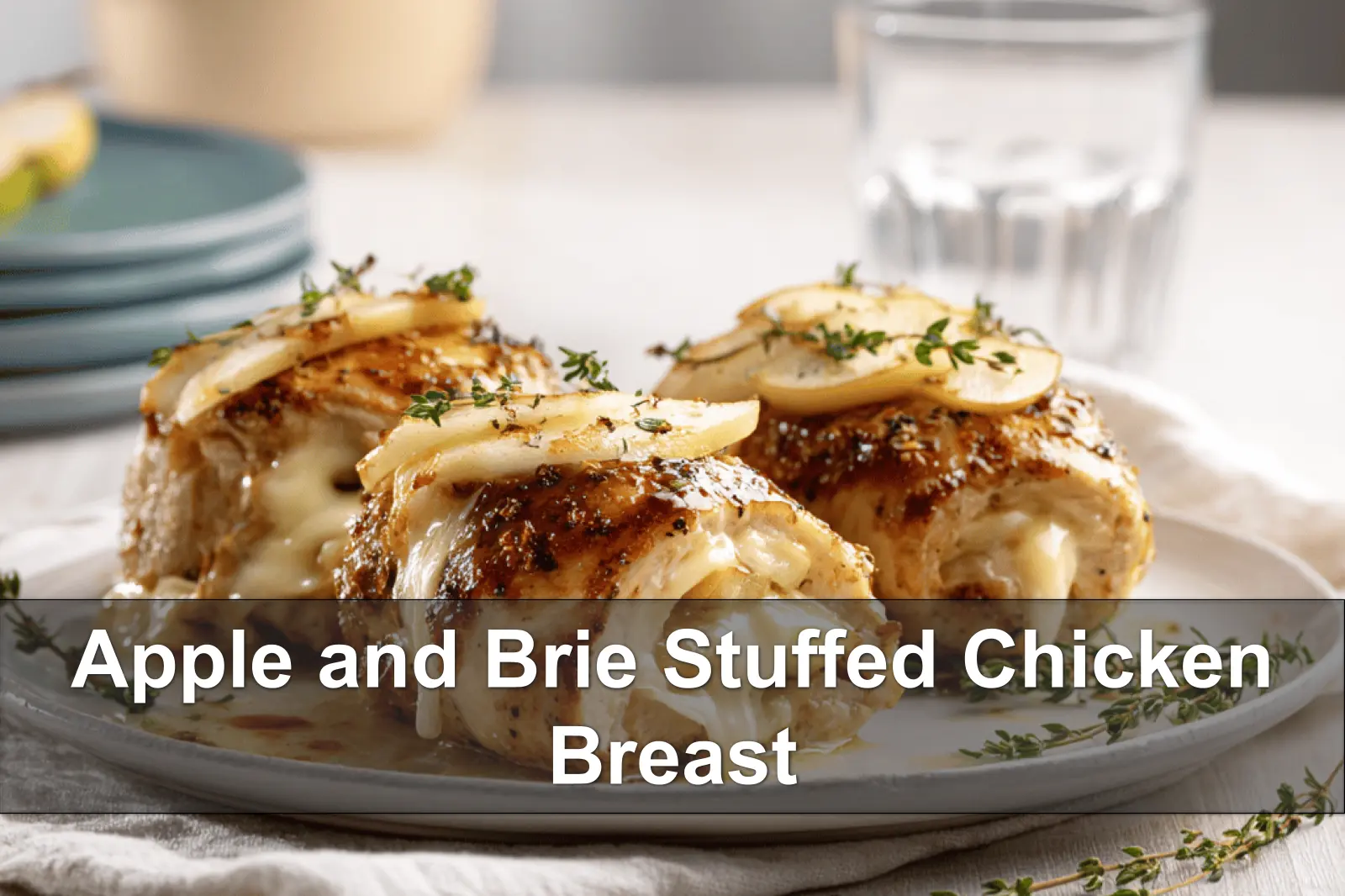 Apple and Brie Stuffed Chicken Breast plated on white napkin with clear glass of water