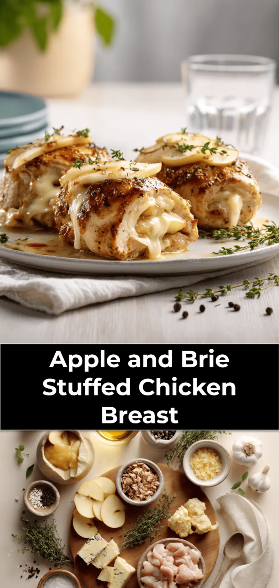 Apple and Brie Stuffed Chicken Breast plated on white napkin with clear glass of water_pin