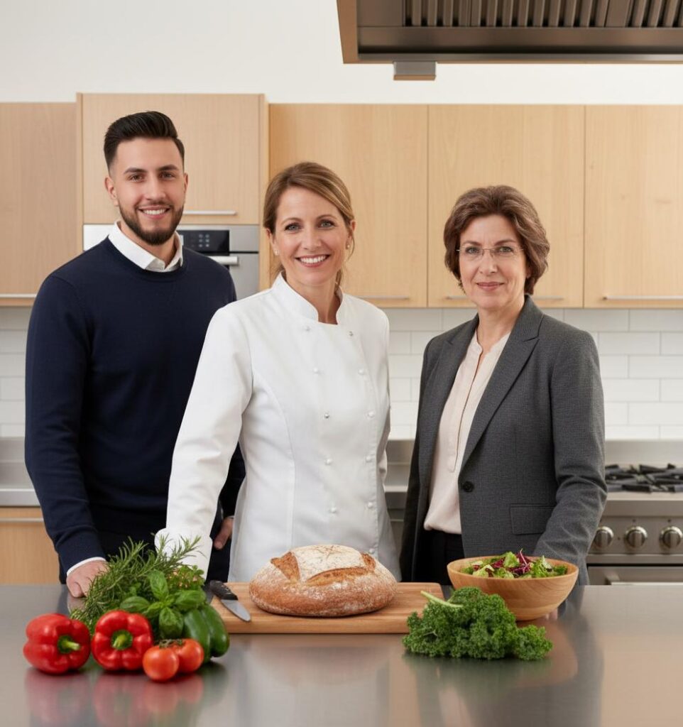 About Us – Our Air Fryer Journey 4 Linnea Berger, Head Chef, with Recipe Developer Cristobal Abraham and Nutrition Expert Gayle Hammes in a professional kitchen preparing healthy recipes.