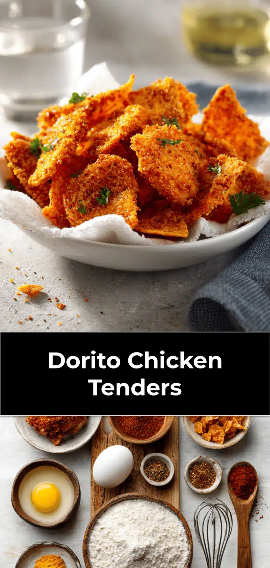 Dorito Chicken Tenders golden crunchy coating served on white napkin with glass of water_pin