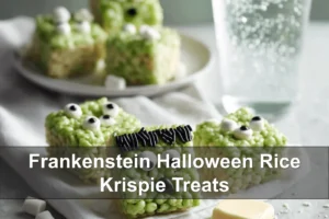Frankenstein Halloween Rice Krispie Treats hero shot with green candy coating and royal icing eyes