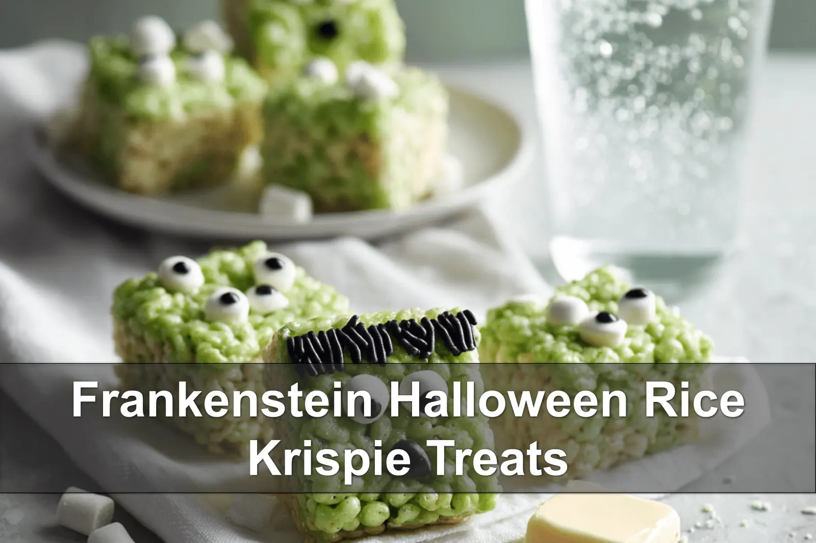 Frankenstein Halloween Rice Krispie Treats Recipe 4 Frankenstein Halloween Rice Krispie Treats hero shot with green candy coating and royal icing eyes