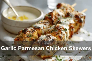Garlic Parmesan Chicken Skewers: Easy Grilled Recipe Garlic Parmesan Chicken Skewers grilled on wooden skewers on white cloth with glass water