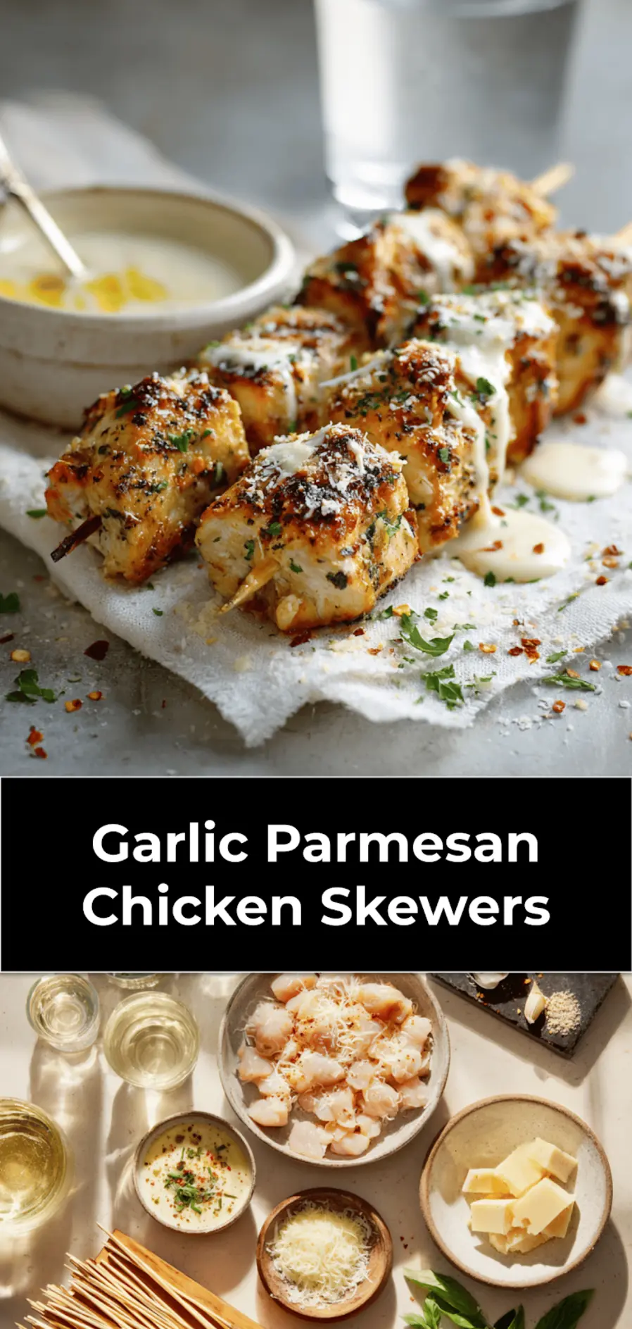 Garlic Parmesan Chicken Skewers: Easy Grilled Recipe 3 Garlic Parmesan Chicken Skewers grilled on wooden skewers on white cloth with glass water_pin