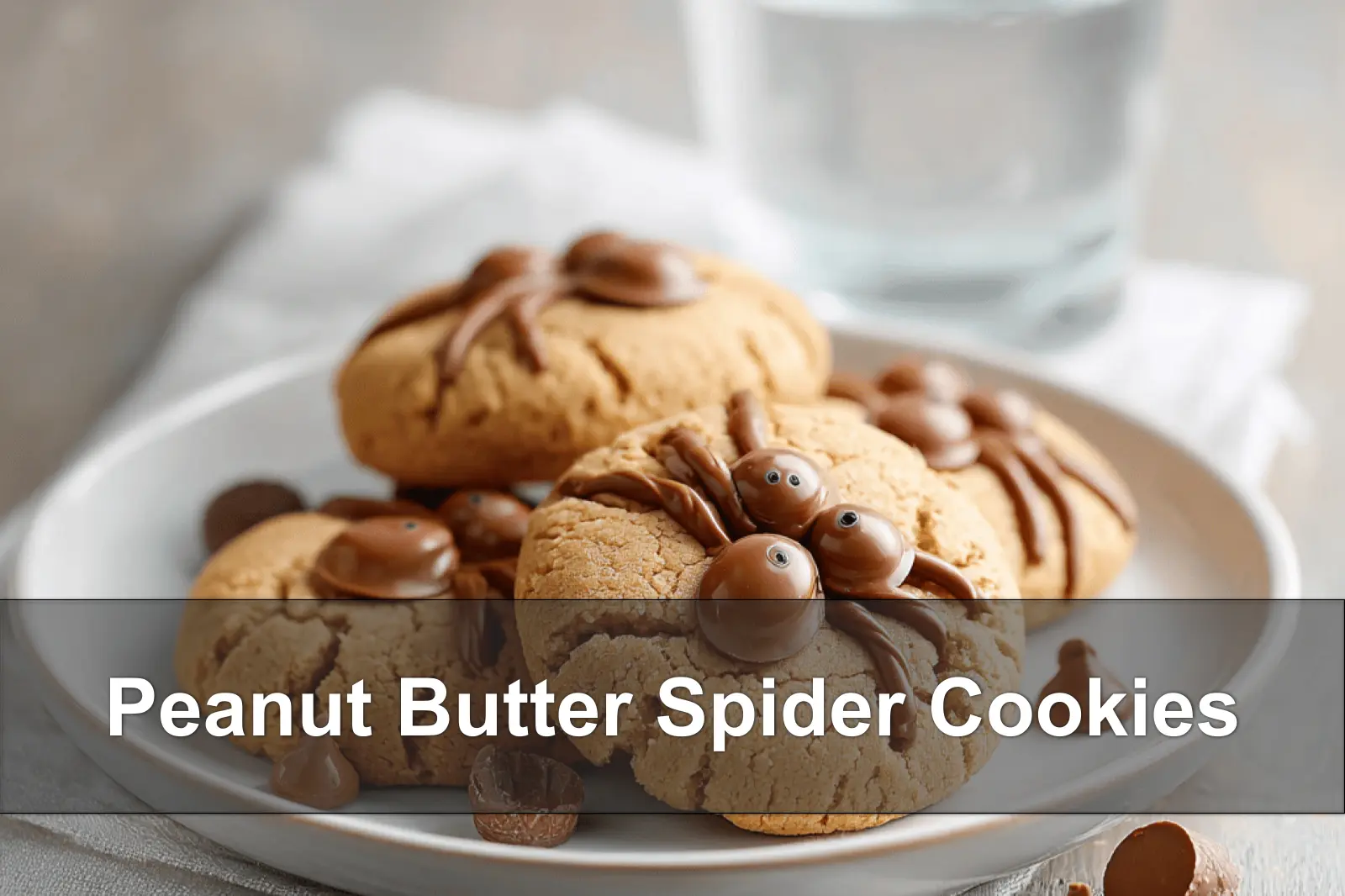 Peanut Butter Spider Cookies: Spooky and Delicious Treats 4 Peanut Butter Spider Cookies with candy eyeballs and mini peanut butter cups on napkin