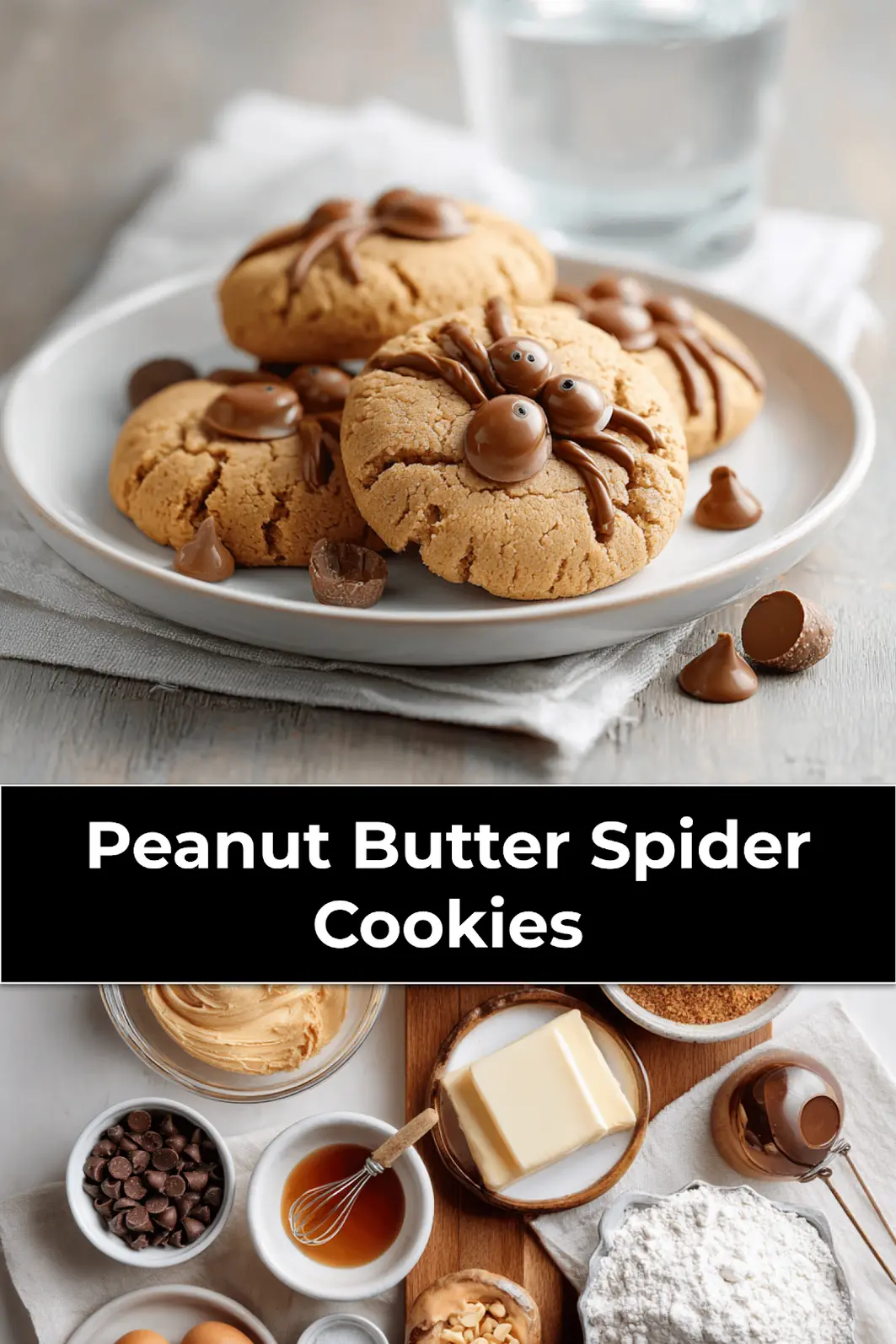 Peanut Butter Spider Cookies: Spooky and Delicious Treats 3 Peanut Butter Spider Cookies with candy eyeballs and mini peanut butter cups on napkin_pin