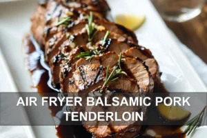Air Fryer Balsamic Pork Tenderloin: Easy and Delicious Recipe AIR FRYER BALSAMIC PORK TENDERLOIN plated sliced with balsamic glaze rosemary and lemon on napkin