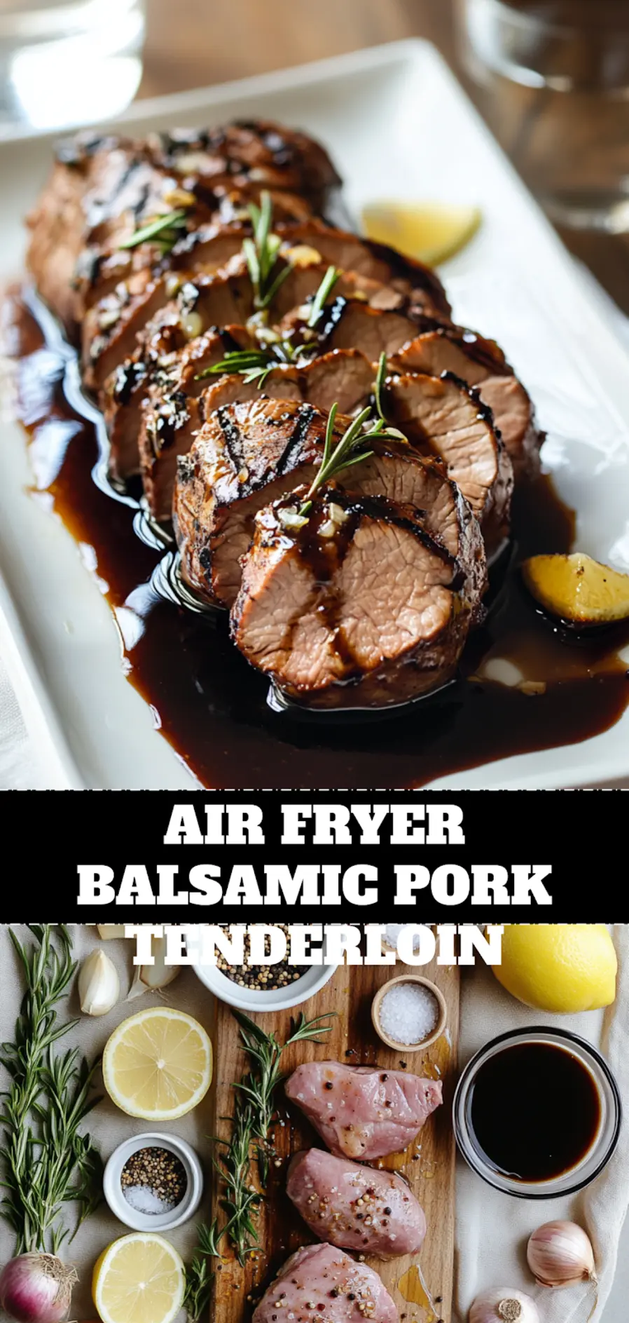 Air Fryer Balsamic Pork Tenderloin: Easy and Delicious Recipe 4 AIR FRYER BALSAMIC PORK TENDERLOIN plated sliced with balsamic glaze rosemary and lemon on napkin_pin
