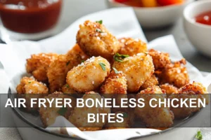 AIR FRYER BONELESS CHICKEN BITES golden bites on white napkin eye level