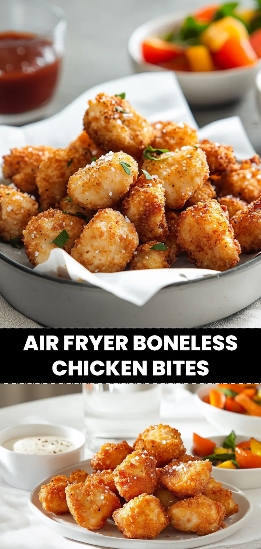 Air Fryer Boneless Chicken Bites: Irresistibly Quick and Easy 4 AIR FRYER BONELESS CHICKEN BITES golden bites on white napkin eye level_pin