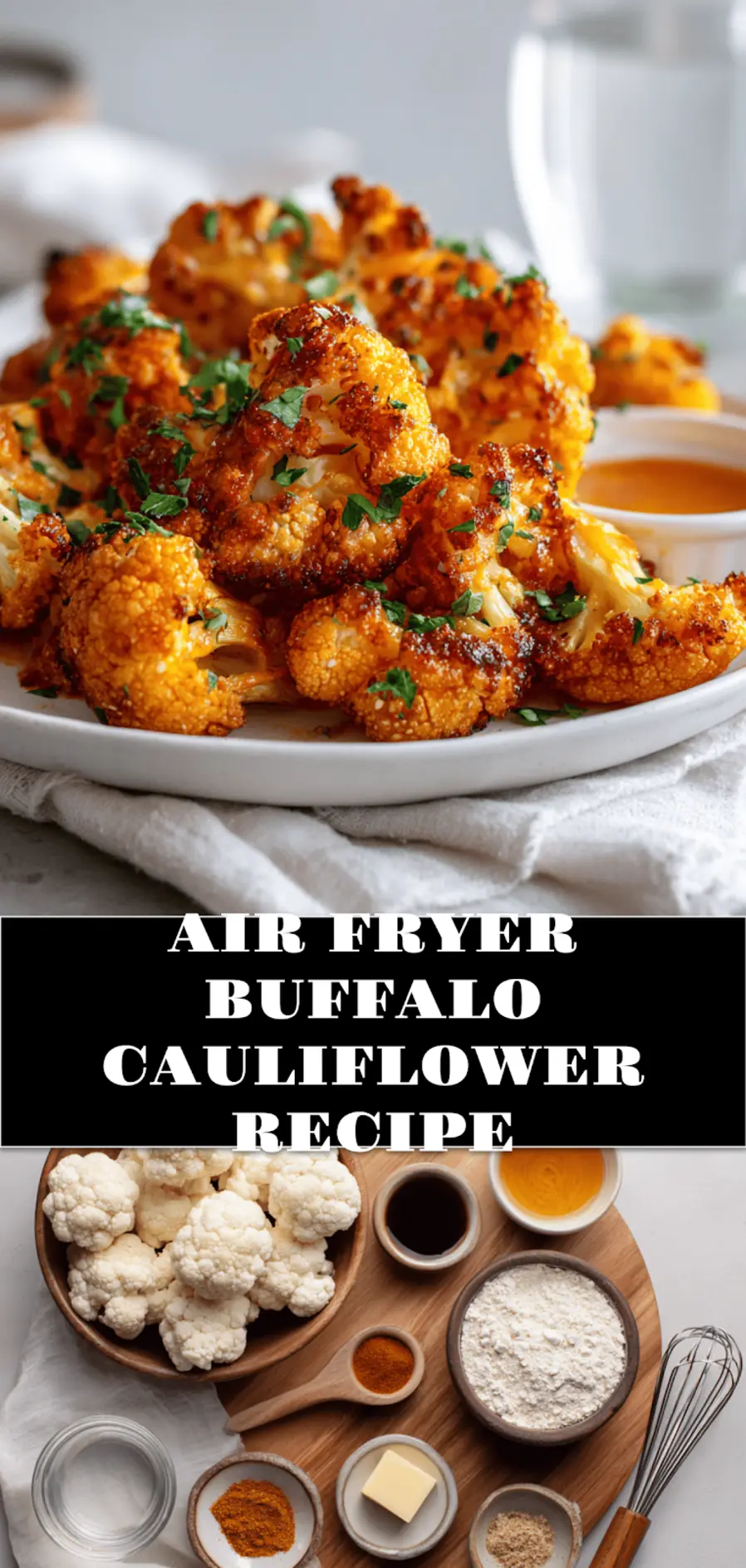 Air Fryer Buffalo Cauliflower Recipe: Easy and Irresistible 3 Air Fryer Buffalo Cauliflower Recipe hero image warm plated cauliflower on white cloth with water_pin