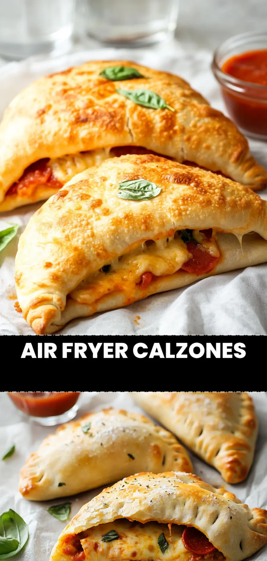 Air Fryer Calzones: Easy Delicious and Fun Recipe 3 AIR FRYER CALZONES golden baked calzones with marinara and greens on white cloth_pin