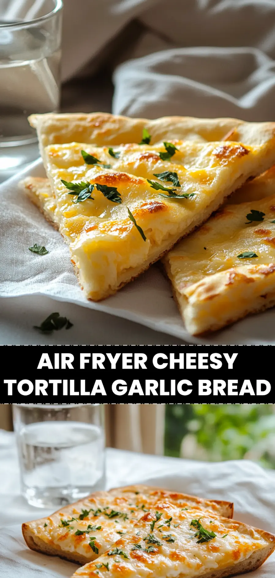 AIR FRYER CHEESY TORTILLA GARLIC BREAD plated golden cheesy tortillas with garlic butter and fresh herbs_pin