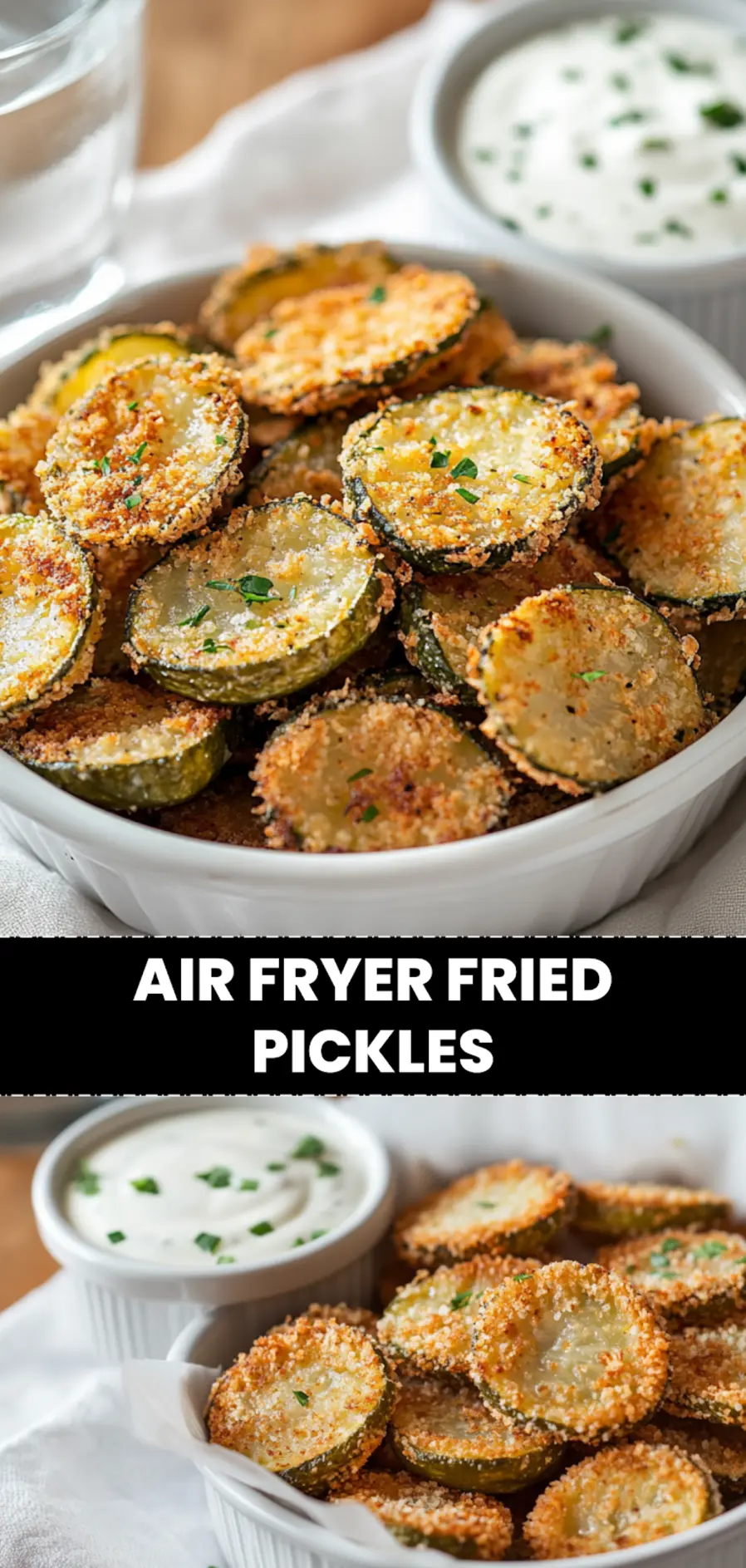 AIR FRYER FRIED PICKLES crisp golden pickles plated on white napkin with glass of water_pin
