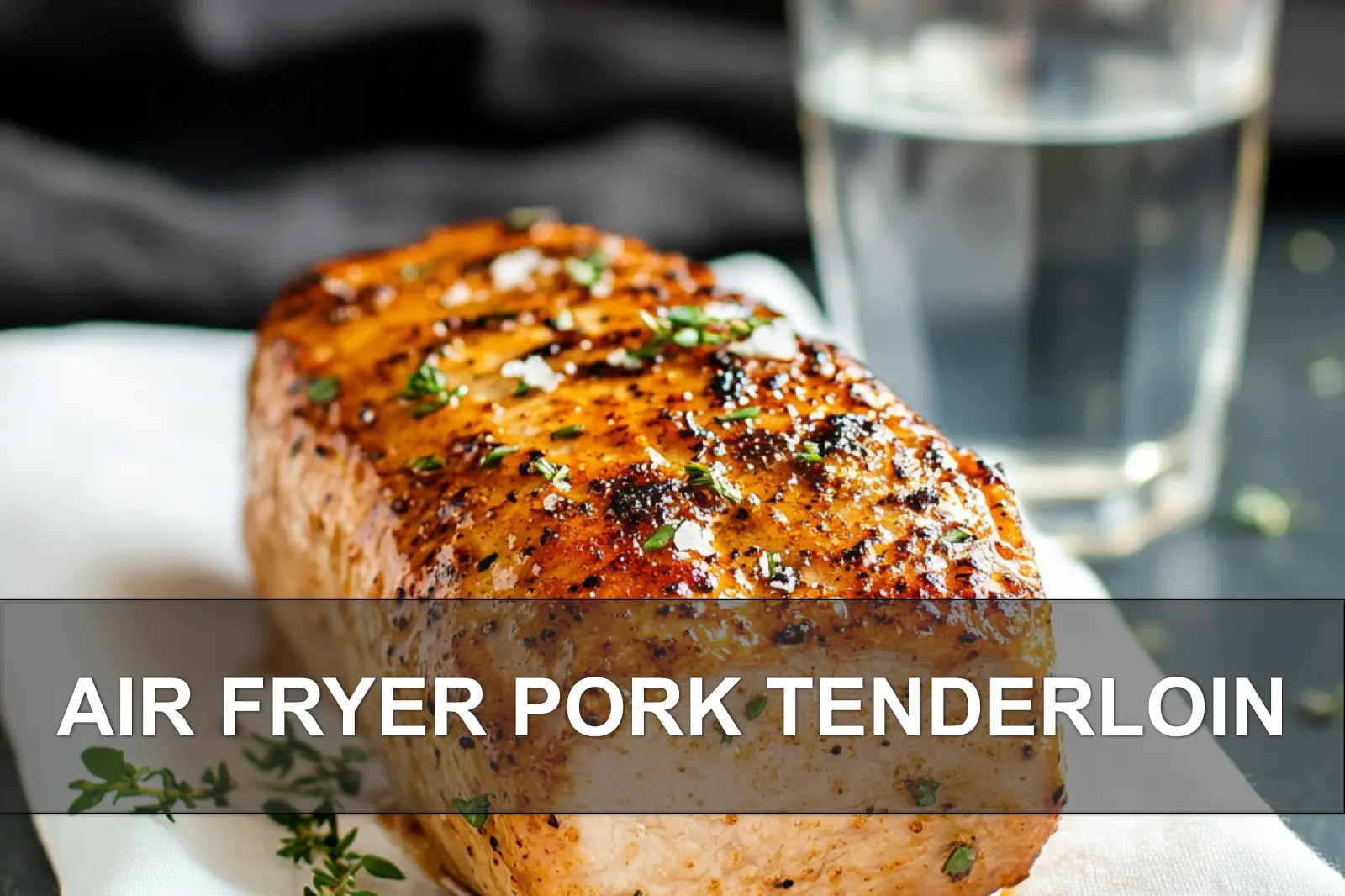 Air Fryer Pork Tenderloin Tested Recipe for Amazing Flavor 2 AIR FRYER PORK TENDERLOIN golden crust plated on white cloth with clear glass of water warm light