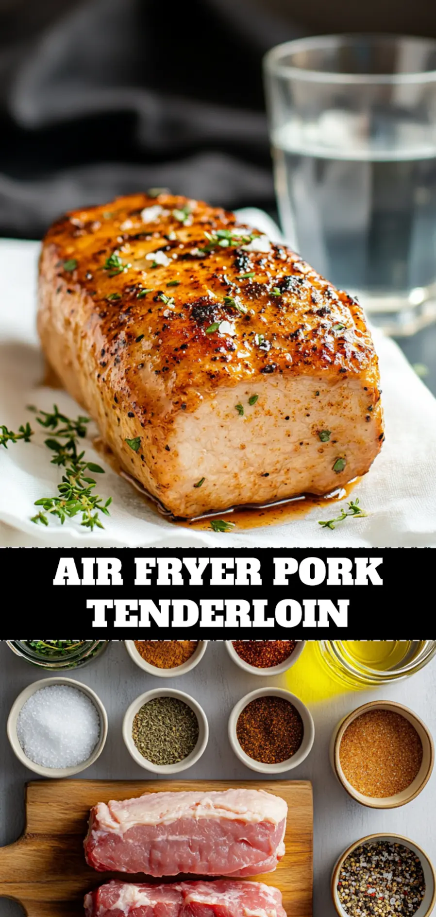 Air Fryer Pork Tenderloin Tested Recipe for Amazing Flavor 4 AIR FRYER PORK TENDERLOIN golden crust plated on white cloth with clear glass of water warm light_pin