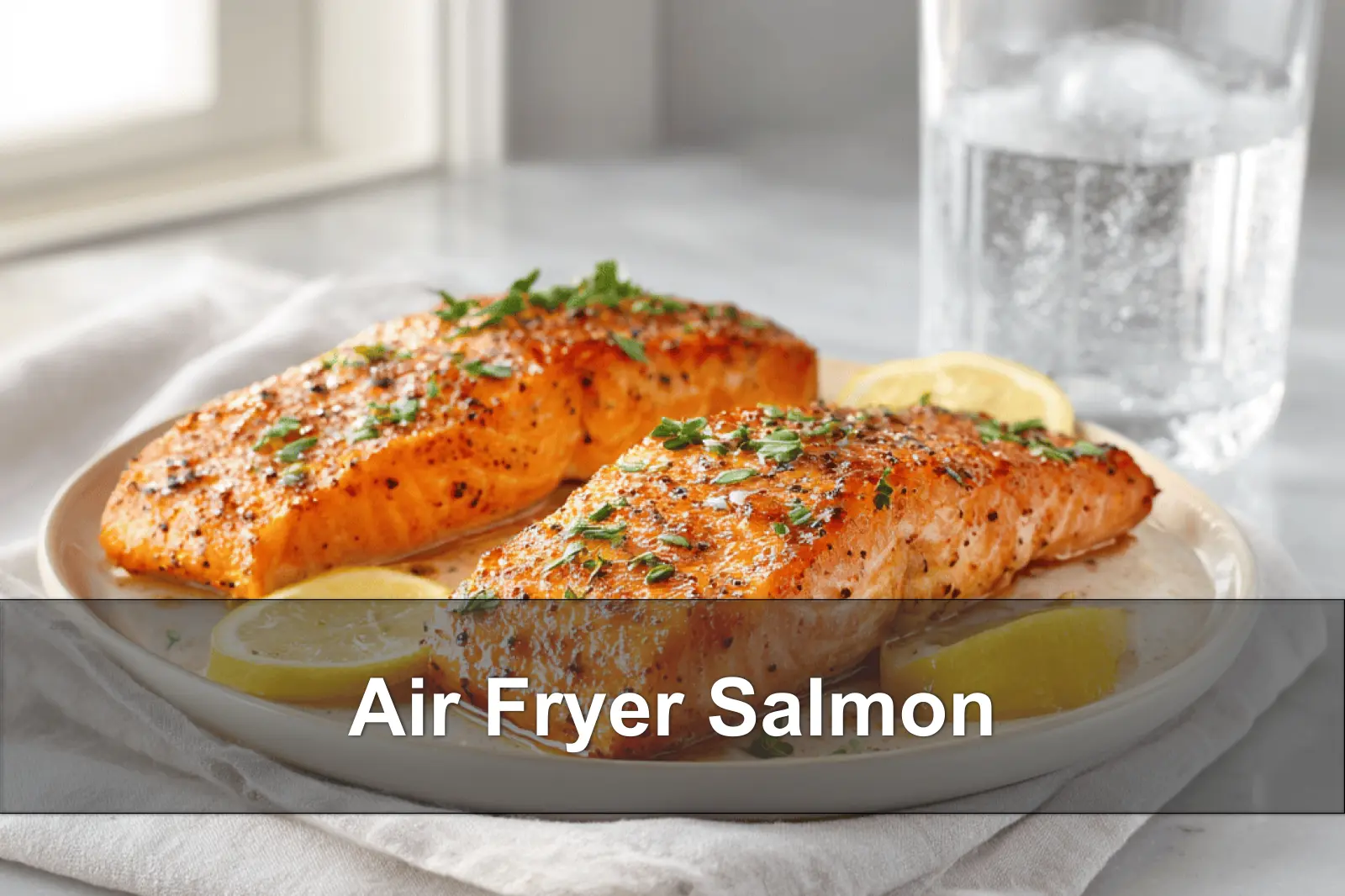 Air Fryer Salmon: Quick and Delicious Recipe 4 Air Fryer Salmon with lemon wedges and fresh herbs on white napkin and clear water glass