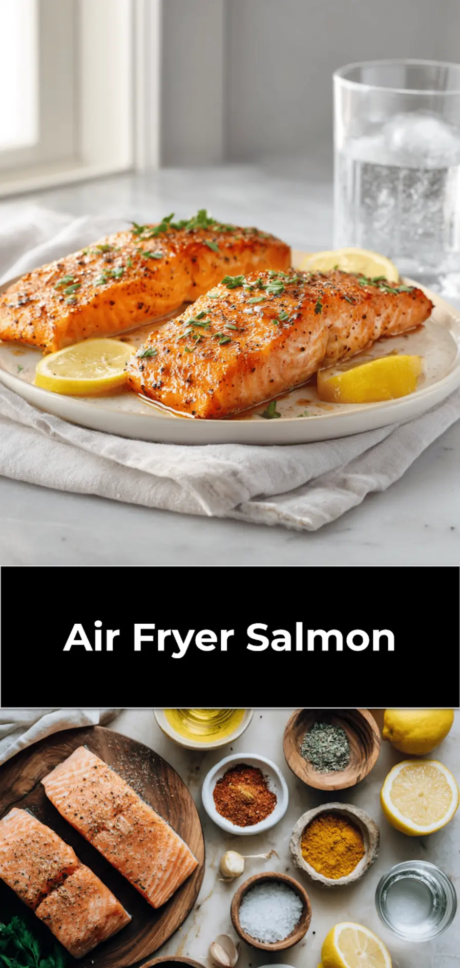 Air Fryer Salmon: Quick and Delicious Recipe 3 Air Fryer Salmon with lemon wedges and fresh herbs on white napkin and clear water glass_pin