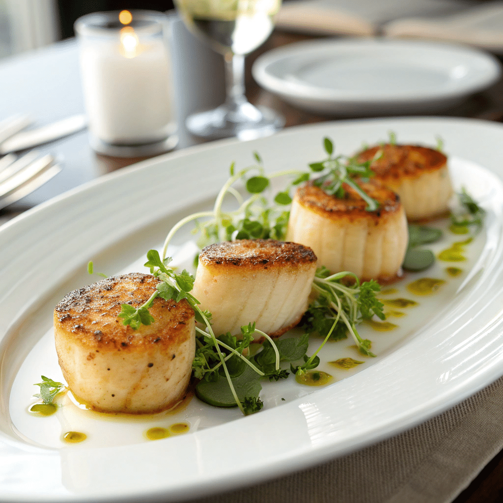 Ultimate Air Fryer Recipes: 15+ Easy, Healthy & Delicious Meals 4 Perfectly seared air fryer scallops with golden crust arranged on white plate with microgreens