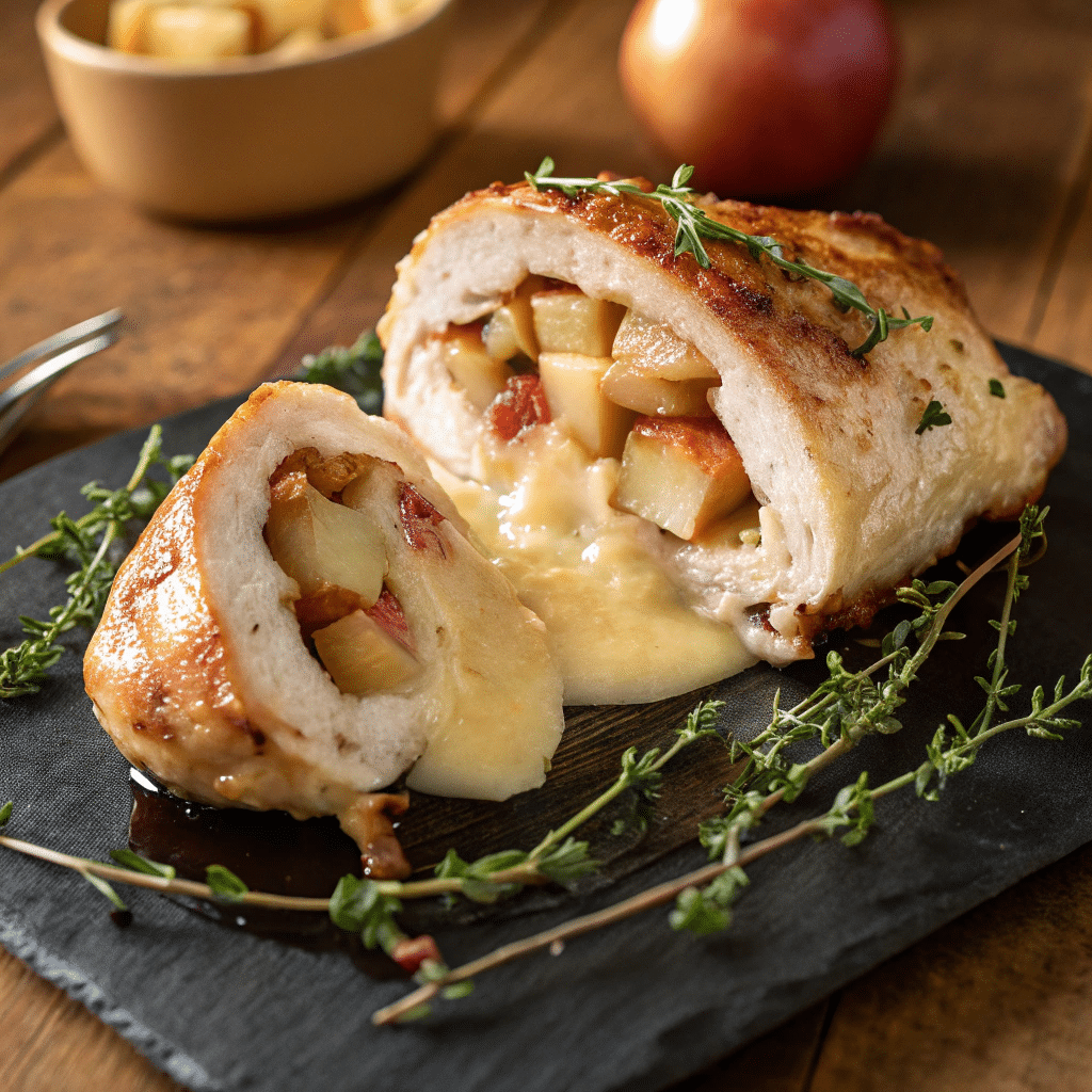 Ultimate Air Fryer Recipes: 15+ Easy, Healthy & Delicious Meals 3 Apple and brie stuffed chicken breast cut open showing melted cheese and apple filling on elegant plate