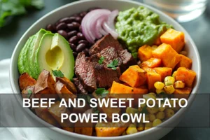 Beef and Sweet Potato Power Bowl: Delicious and Easy Recipe BEEF AND SWEET POTATO POWER BOWL with steak avocado black beans corn and herbs