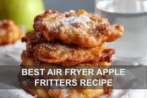 BEST AIR FRYER APPLE FRITTERS RECIPE warm golden fritters dusted with powdered sugar on white napkin