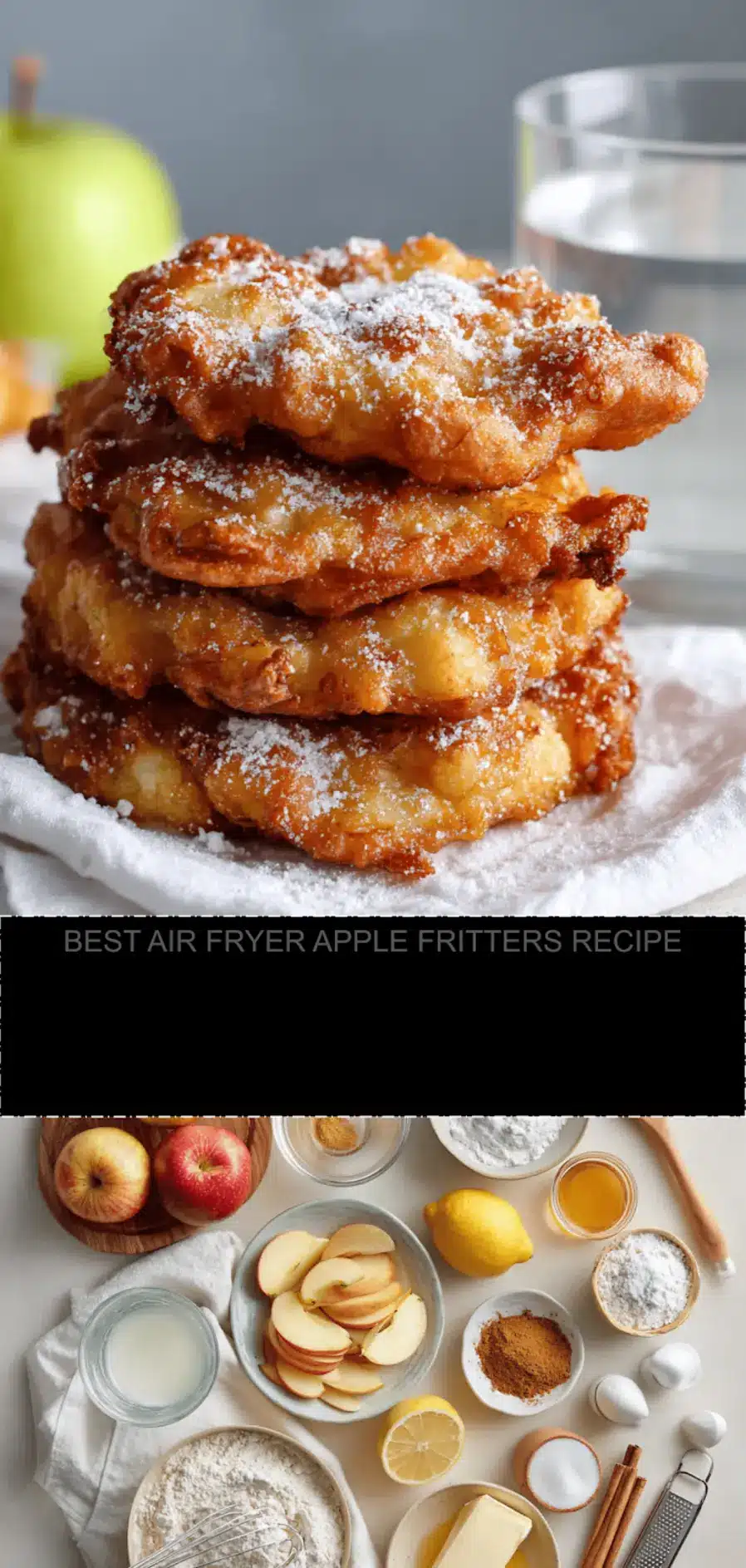 BEST AIR FRYER APPLE FRITTERS RECIPE warm golden fritters dusted with powdered sugar on white napkin_pin