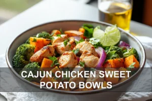 Cajun Chicken & Sweet Potato Bowls: Easy and Vibrant Meal Vibrant CAJUN CHICKEN SWEET POTATO BOWLS three quarter plated photo with herbs and lime