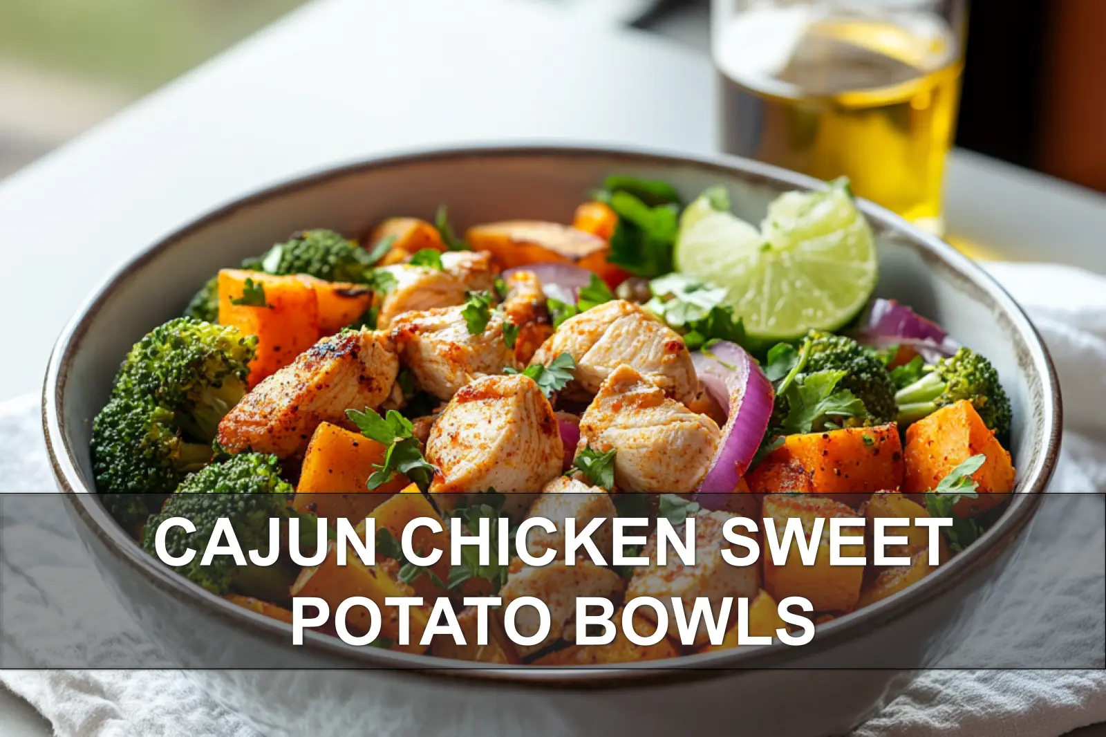 Vibrant CAJUN CHICKEN SWEET POTATO BOWLS three quarter plated photo with herbs and lime