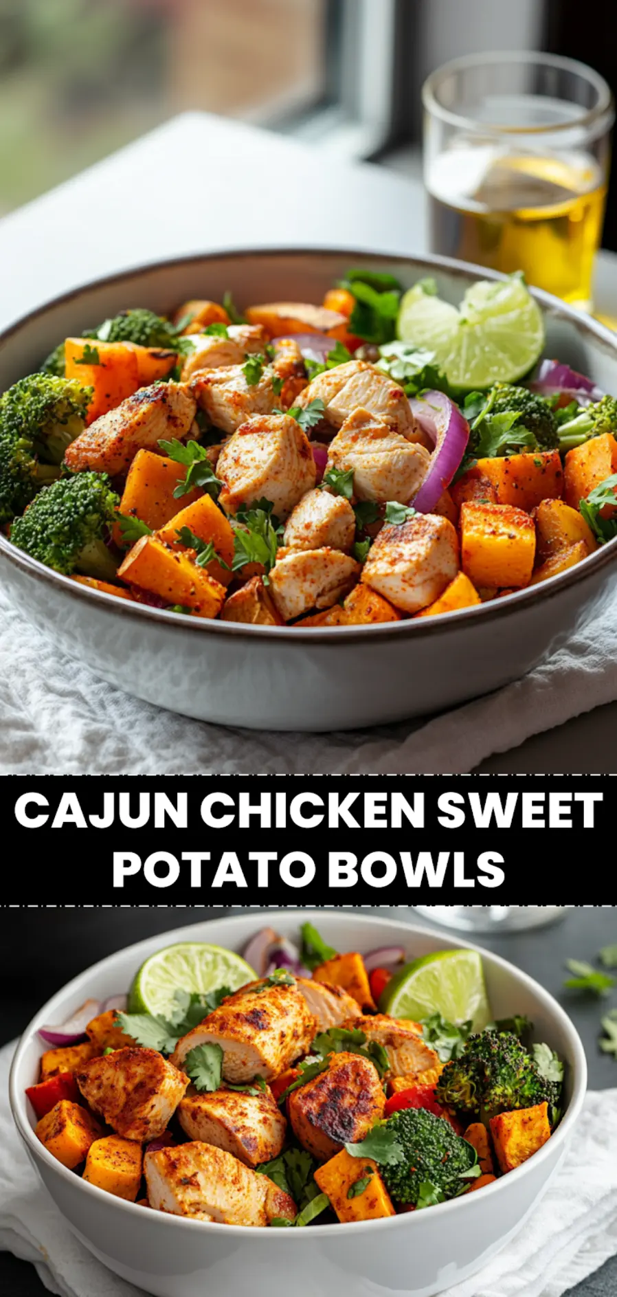 Vibrant CAJUN CHICKEN SWEET POTATO BOWLS three quarter plated photo with herbs and lime_pin