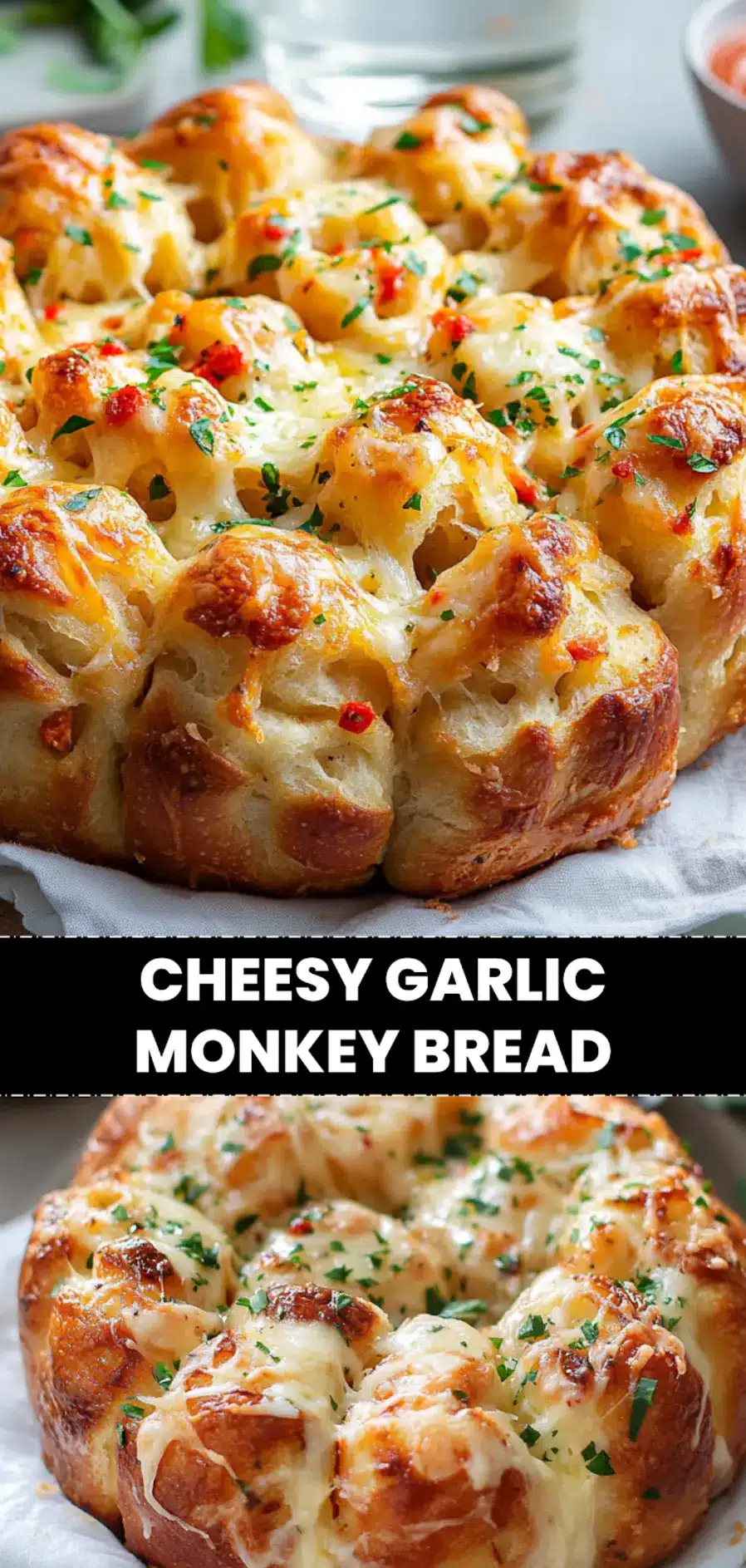 Cheesy Garlic Monkey Bread: Irresistibly Easy and Delicious 3 CHEESY GARLIC MONKEY BREAD golden pull apart rolls with melted cheese and garlic herb topping_pin