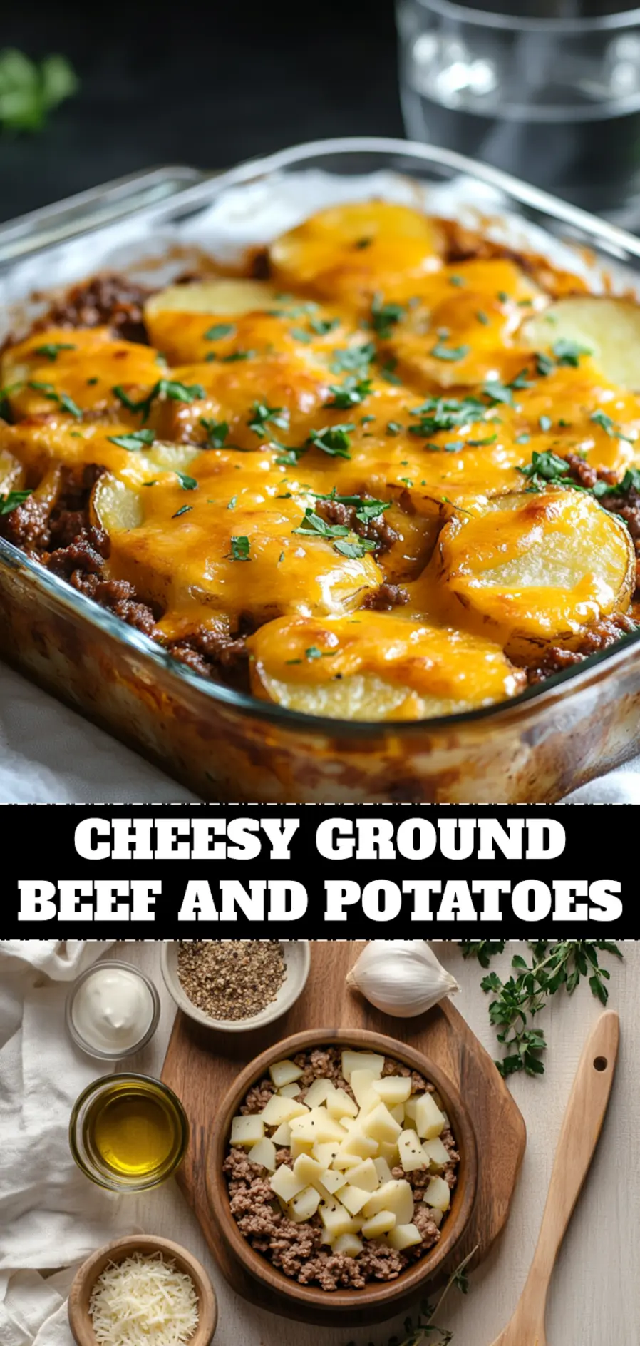 Cheesy Ground Beef and Potatoes: Simple and Delicious Recipe 4 CHEESY GROUND BEEF AND POTATOES skillet served with melted cheddar and fresh herbs_pin