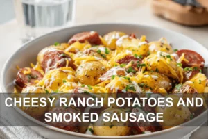 Cheesy Ranch Potatoes and Smoked Sausage: Easy and Delicious CHEESY RANCH POTATOES AND SMOKED SAUSAGE golden baked skillet with melted cheddar and fresh herbs