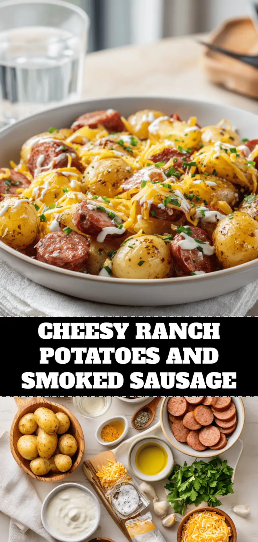Cheesy Ranch Potatoes and Smoked Sausage: Easy and Delicious 4 CHEESY RANCH POTATOES AND SMOKED SAUSAGE golden baked skillet with melted cheddar and fresh herbs_pin