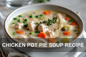 Chicken Pot Pie Soup Recipe: Easy and Irresistible CHICKEN POT PIE SOUP RECIPE creamy bowl on white cloth with clear glass of water and thyme