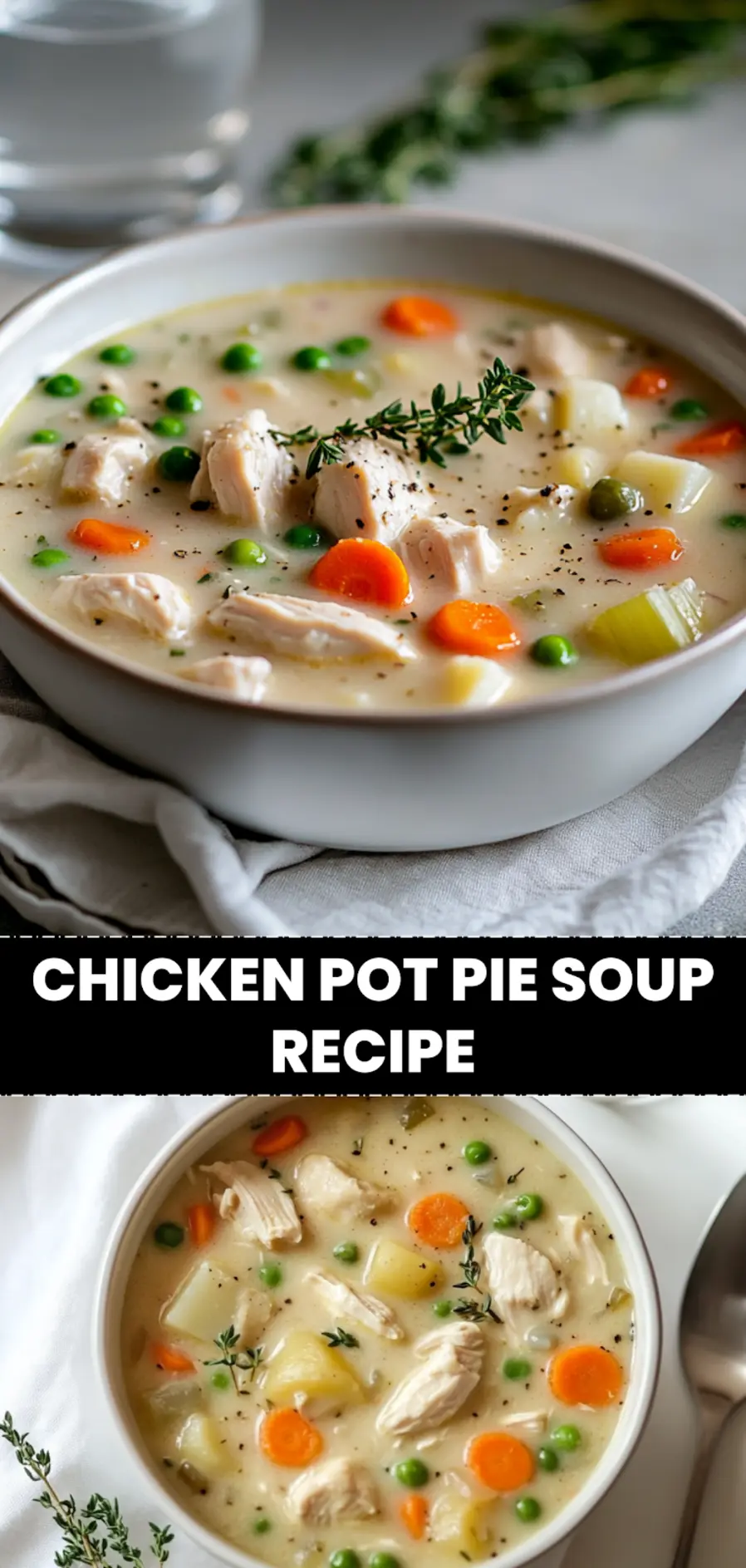Chicken Pot Pie Soup Recipe: Easy and Irresistible 3 CHICKEN POT PIE SOUP RECIPE creamy bowl on white cloth with clear glass of water and thyme_pin