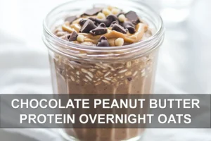 CHOCOLATE PEANUT BUTTER PROTEIN OVERNIGHT OATS creamy jar with peanut butter swirl and chocolate chips