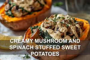 Creamy Mushroom and Spinach Stuffed Sweet Potatoes: Simple Recipe for Delicious Flavor CREAMY MUSHROOM AND SPINACH STUFFED SWEET POTATOES with roasted mushrooms spinach tahini and lemon drizzle