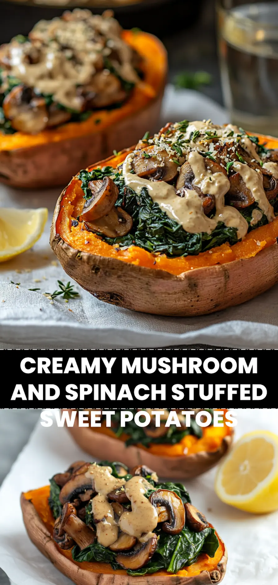 Creamy Mushroom and Spinach Stuffed Sweet Potatoes: Simple Recipe for Delicious Flavor 4 CREAMY MUSHROOM AND SPINACH STUFFED SWEET POTATOES with roasted mushrooms spinach tahini and lemon drizzle_pin