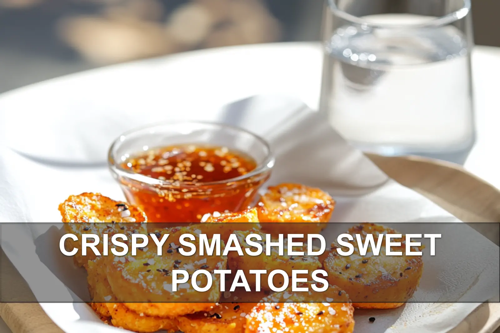 Crispy Smashed Sweet Potatoes: Easy and Irresistible Recipe 2 CRISPY SMASHED SWEET POTATOES plated on napkin with glass of water warm natural light