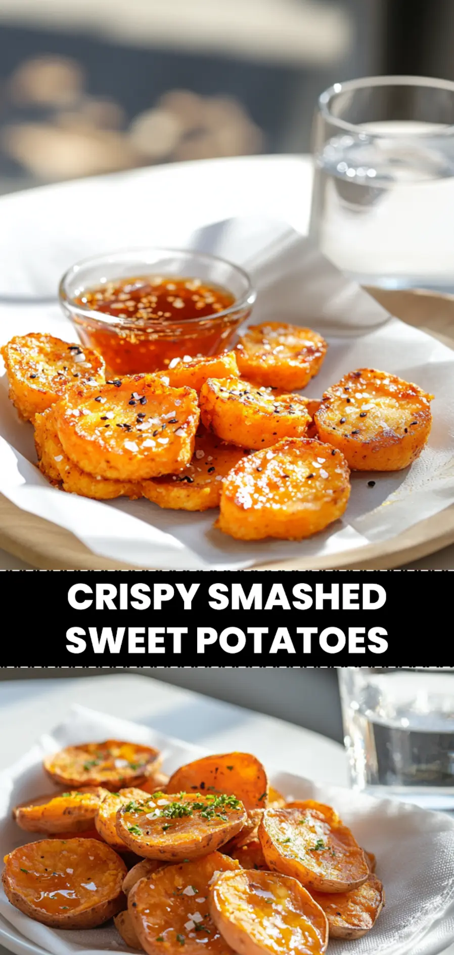 Crispy Smashed Sweet Potatoes: Easy and Irresistible Recipe 4 CRISPY SMASHED SWEET POTATOES plated on napkin with glass of water warm natural light_pin